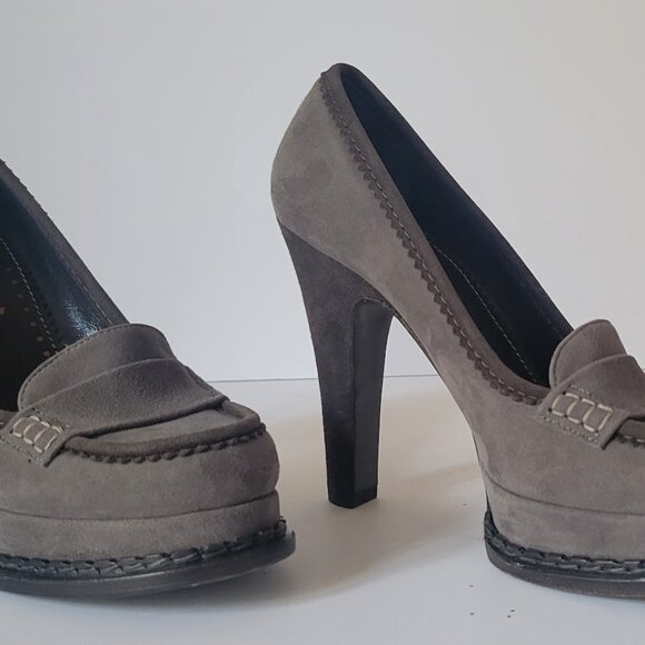 Yves Saint Laurent Gray Suede Round Toe High Heels Platform YSL Pumps - Picture 2 of 14